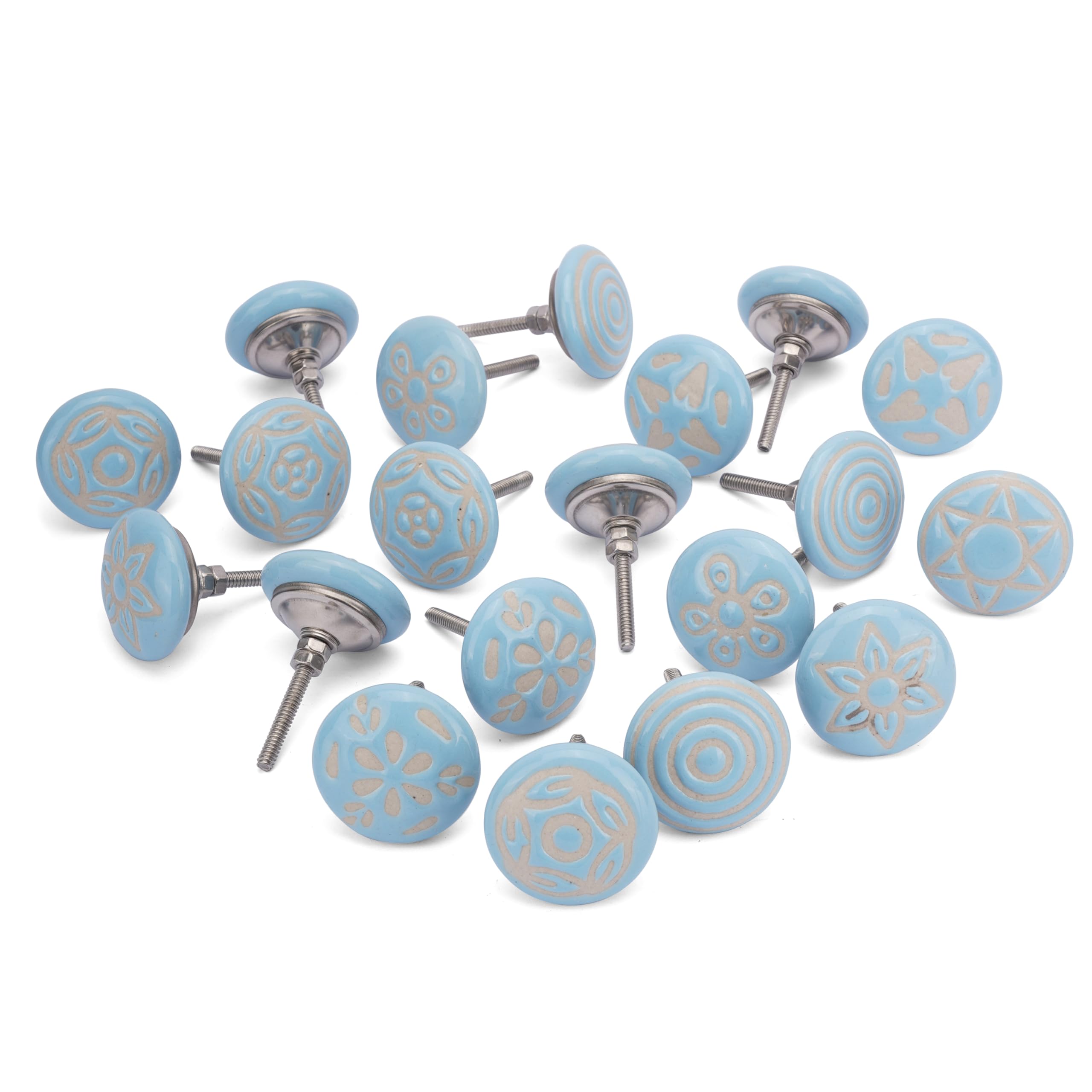 Ajuny Blue Ceramic Drawer Knobs for Cupboard Door Knobs Set of 20 Handmade Hand Painted Pottery Decorative Furniture Pulls Handles for Kitchen Cabinet Bathroom Dresser Vintage Fixings Included