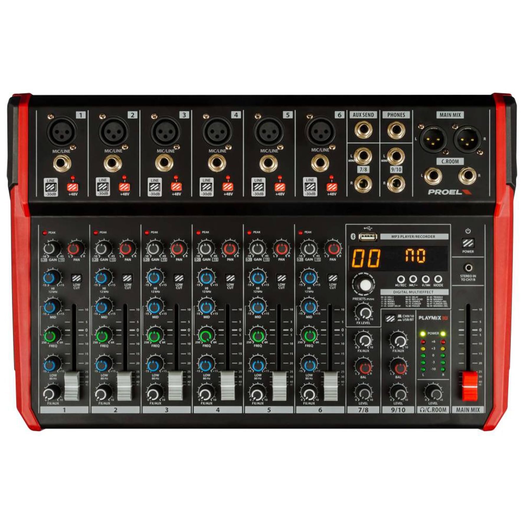 Proel PLAYMIX10 - Mixer audio a 10 ingressi con modulo bluetooth, lettore MP3 e Registrazione stereo su USB, Nero rifiniture in Rosso