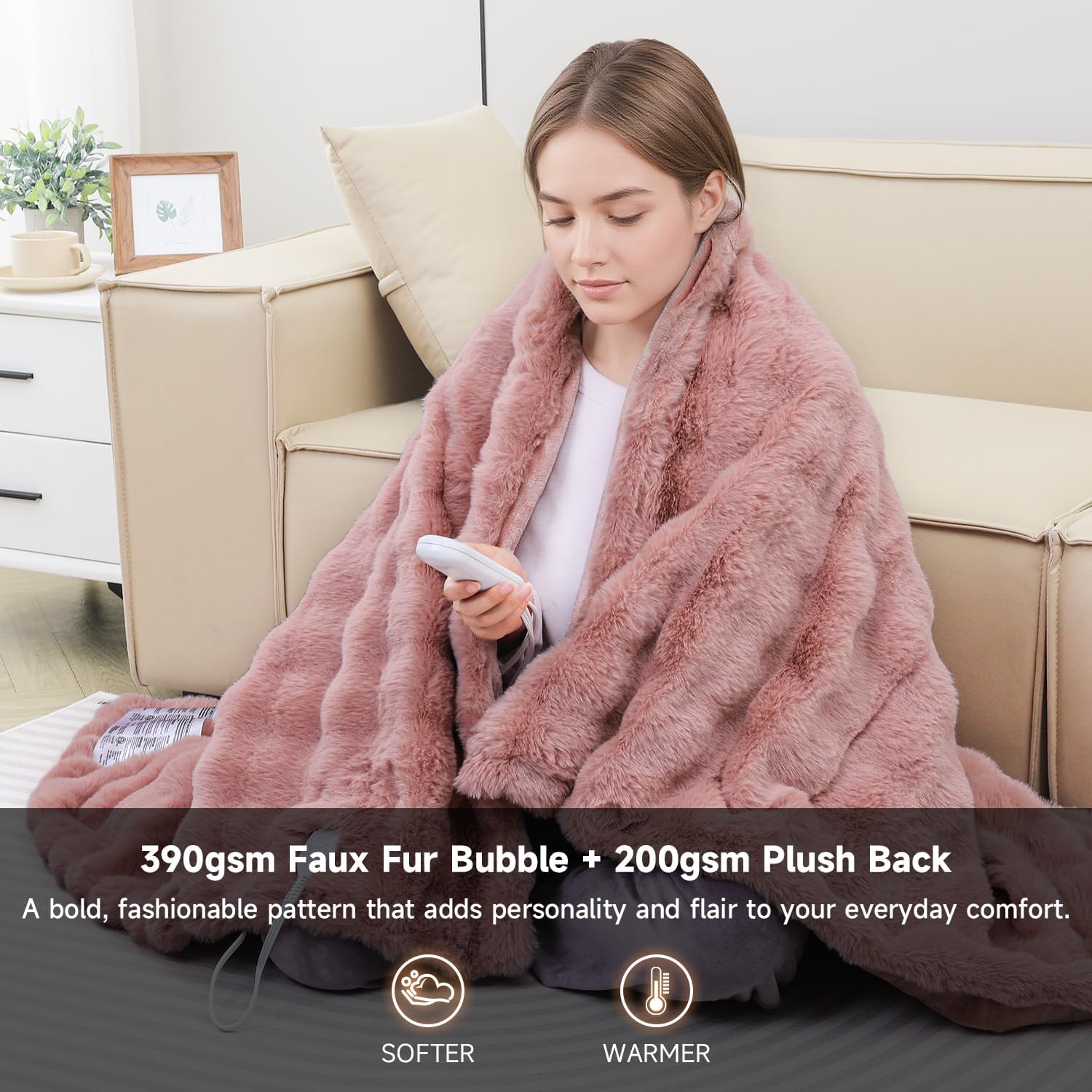 Heated Blanket Electric Throw- 50"x60" Soft Thick Bubble Electric Blanket for Sofa with 5 Heat Levels & 4 Hours Auto-Off Overheat Protection, Warm Cozy Gifts, Pink - Image 2