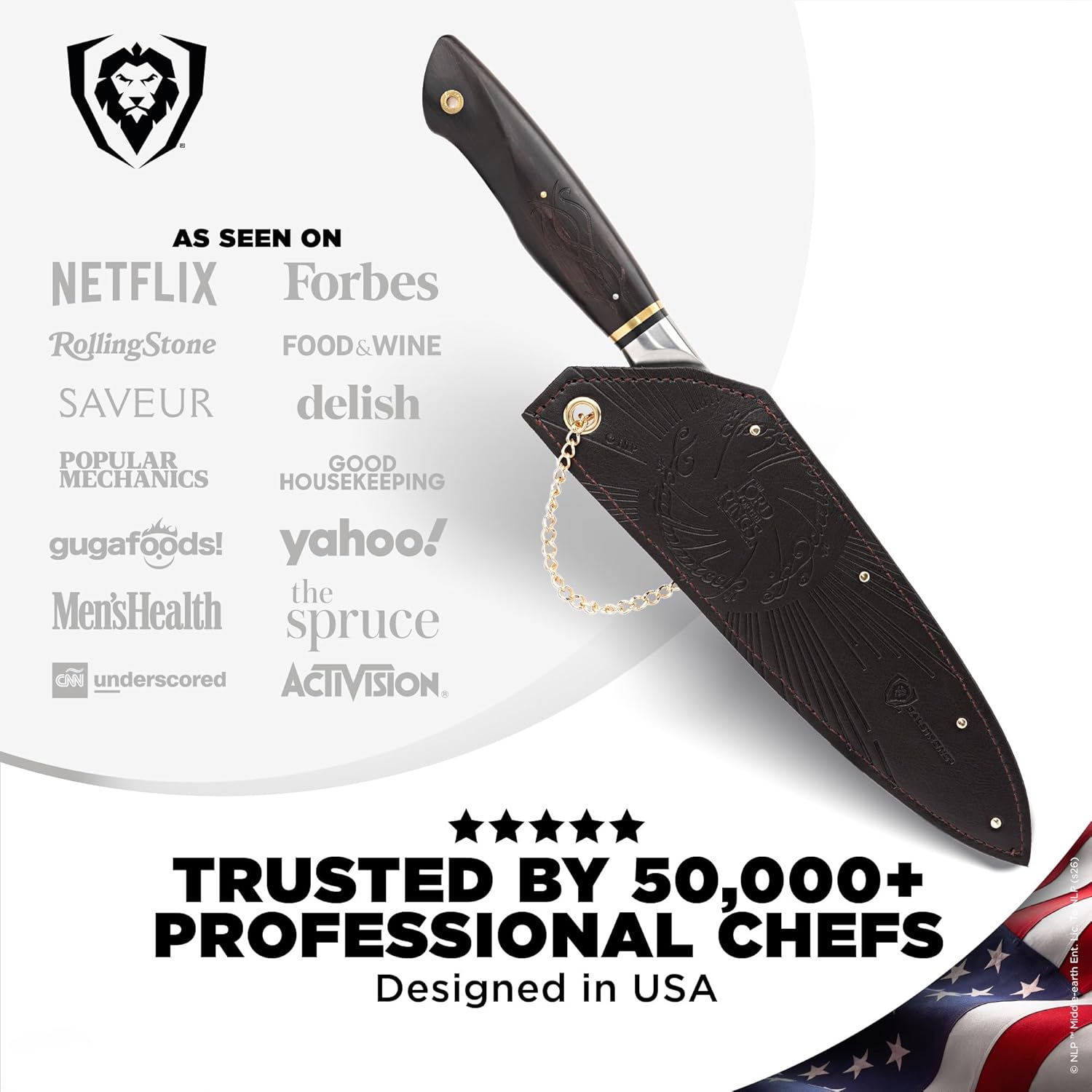 Dalstrong Chef Knife - 8 inch - Lord of the Rings™ Edition - Official Licensed Collection - Humans Aragorn - Premium German X50CRMOV15 Steel - Ebony Wood Handle - Leather Sheath