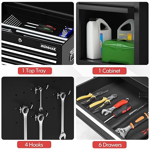 Miniatura 6 de IRONMAX Armario de herramientas sobre ruedas, 6 cajones con cerradura con 4 ruedas universales, caja de herramientas desmontable 2 en 1, organizador