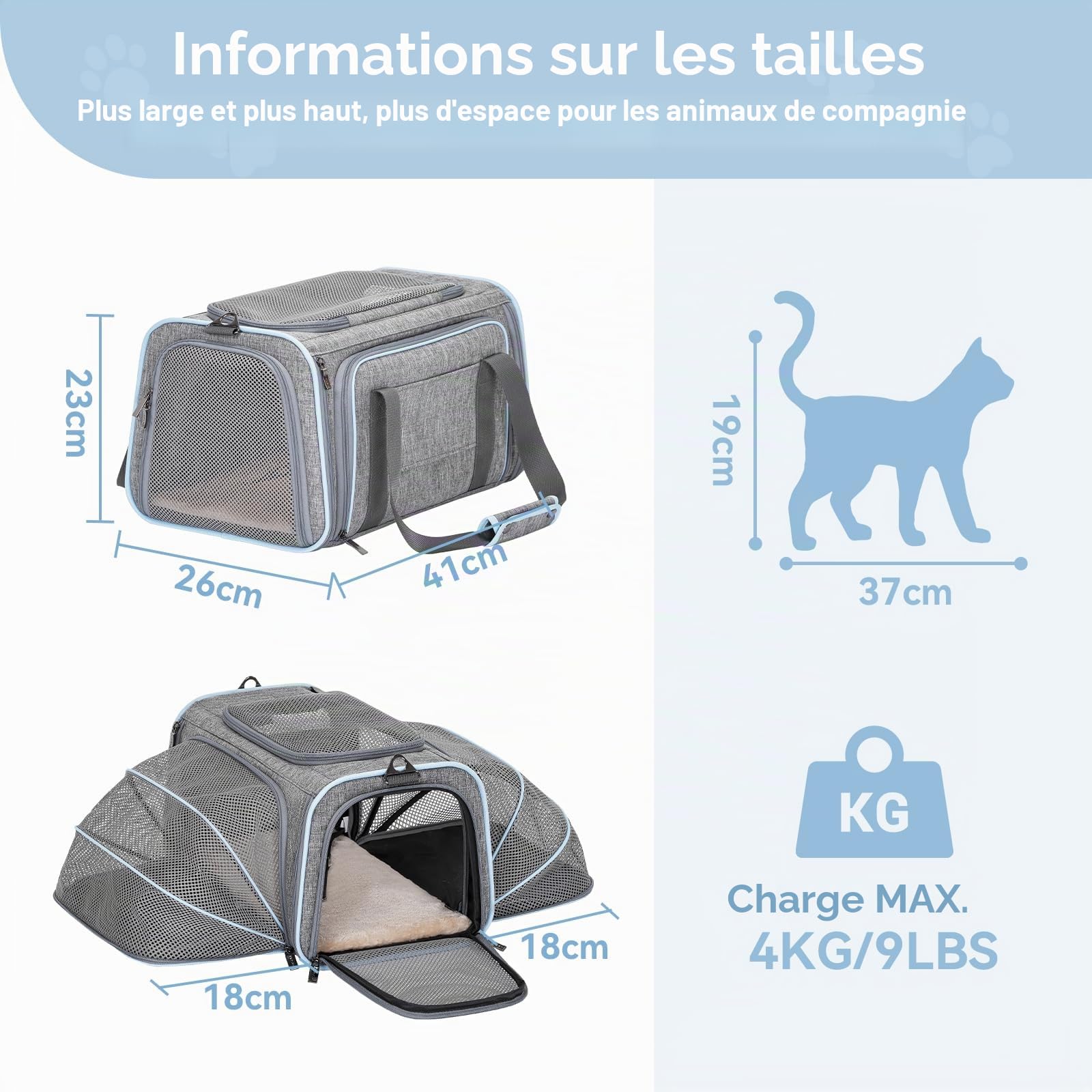 Petsfit Sac Transport Chat Extensible avec Tapis Amovible - Sac de Transport pour Chat/Chien Pliable en Oxford 600D - Sac Transport Chien Extensible des Deux côtés Sécurisé Voiture/Voyage, S/Gris