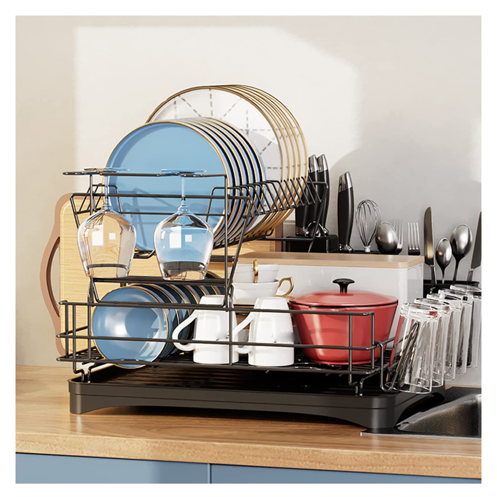 SaryEdge Dish Drainers Dish Drying Rack,2 Tier Large Stainless Steel Dish Racks And Drainboard,With Holder,Utensil Holder,Cutting Board Holder For Kitchen Counter Cab,