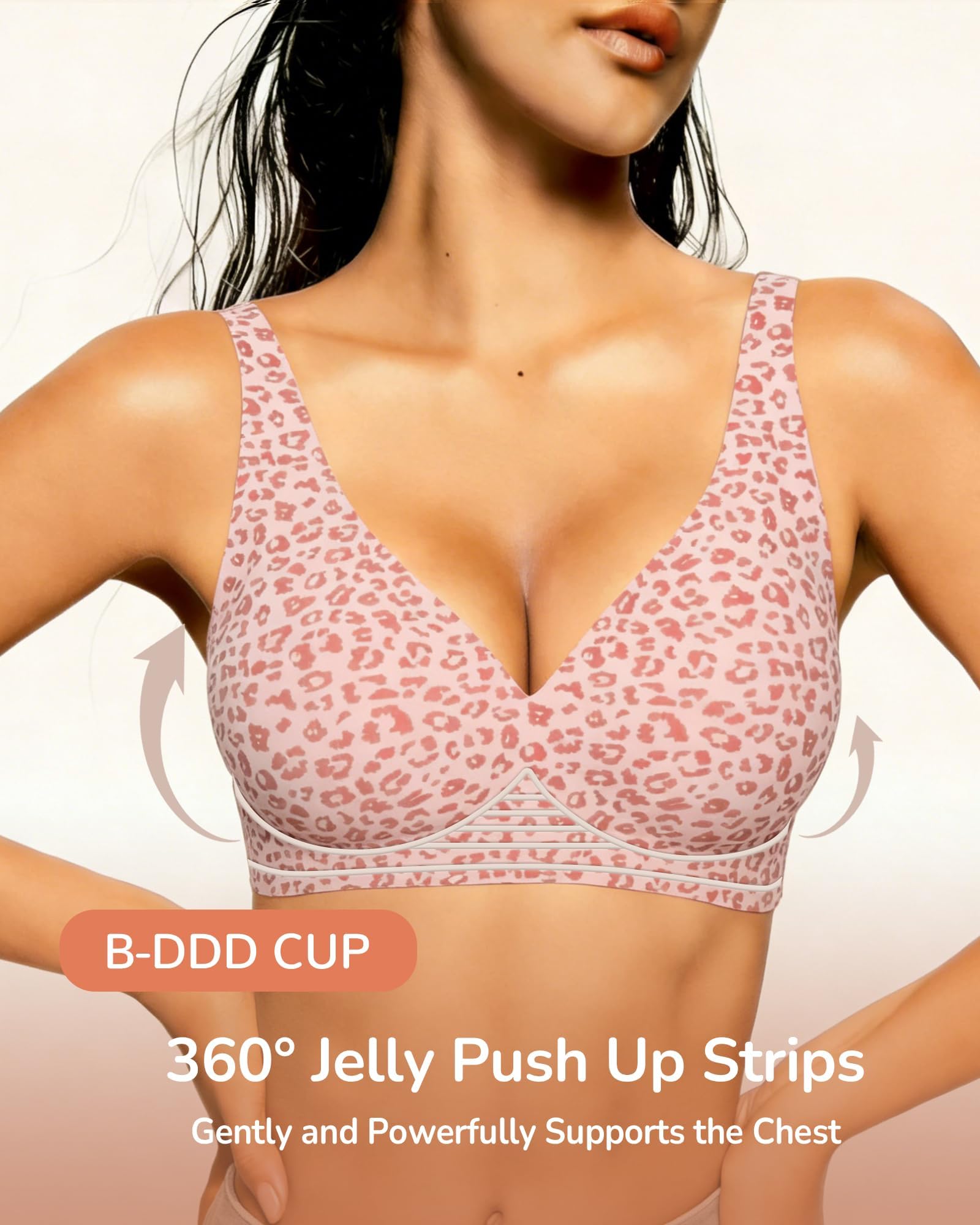 Jelly Bras for Women Deep V Wireless Push Up Leopard Bra Lift Supportive Full Coverage No Underwire Seamless Jelly Bras Plunge Bralette Comfort Adjustable Straps Everyday T-Shirt Shapecurve Bra — view 2