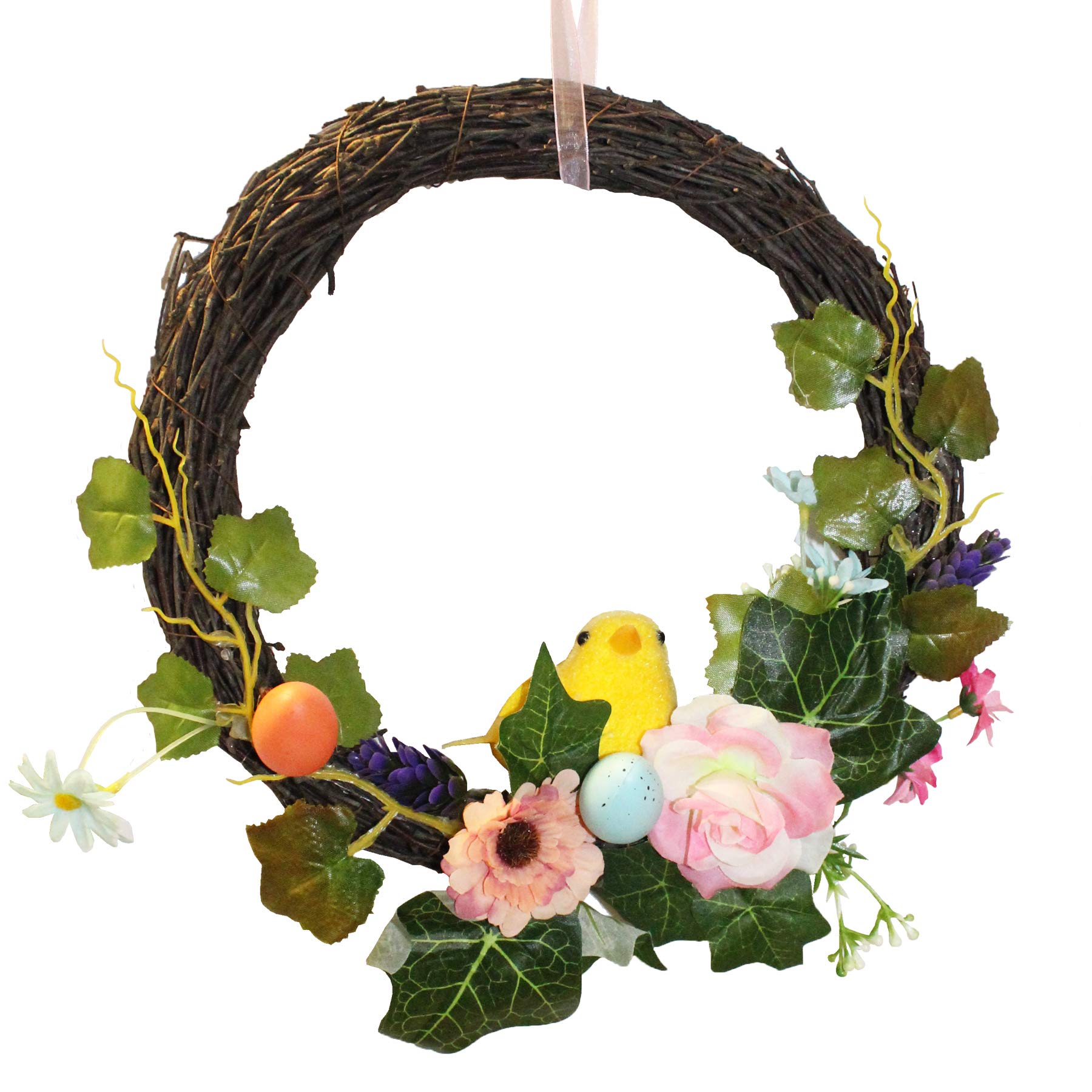 Widdle Springtime Easter Art Deco Decorations, Room Ornament - Chick Rattan Wreath with Flowers