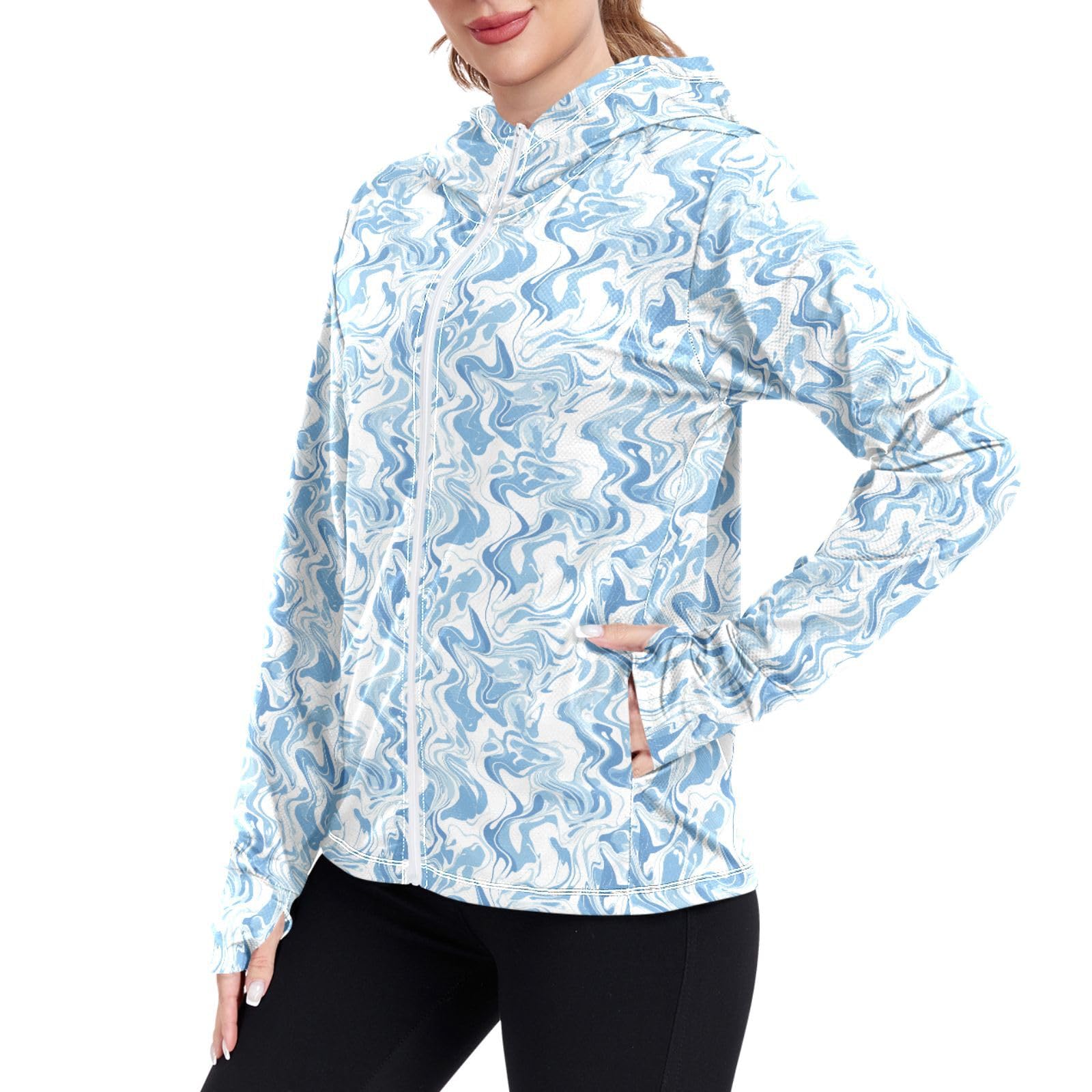 Marble Texture Women Sun Protection Hoodie Jacket Lightweight Womens Zip Up Jackets UPF 50+