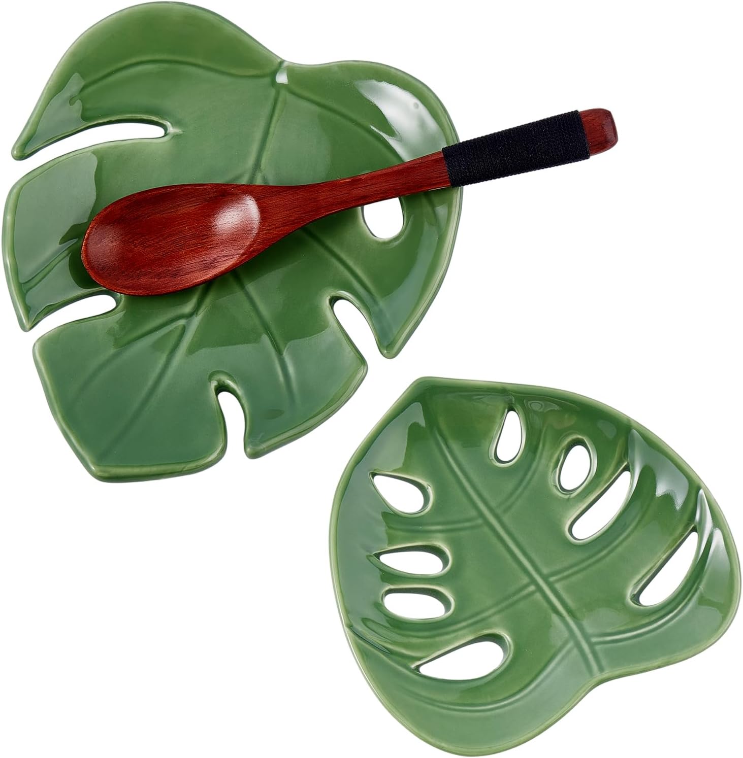 2PCS Ceramic Spoon Rest for Stove Top Green Leaf Spoon Holder Large and Small Spoon Rest Set for Kitchen Counter Monstera Leaf Shaped Tray Jewelry Dish Cute Kitchen Decor Gift