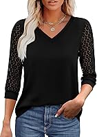 XIEERDUO Women's 3/4 Sleeve V-Neck Lace Tunic Top - Business Casual Dressy Blouse for Work & Everyday Outfits