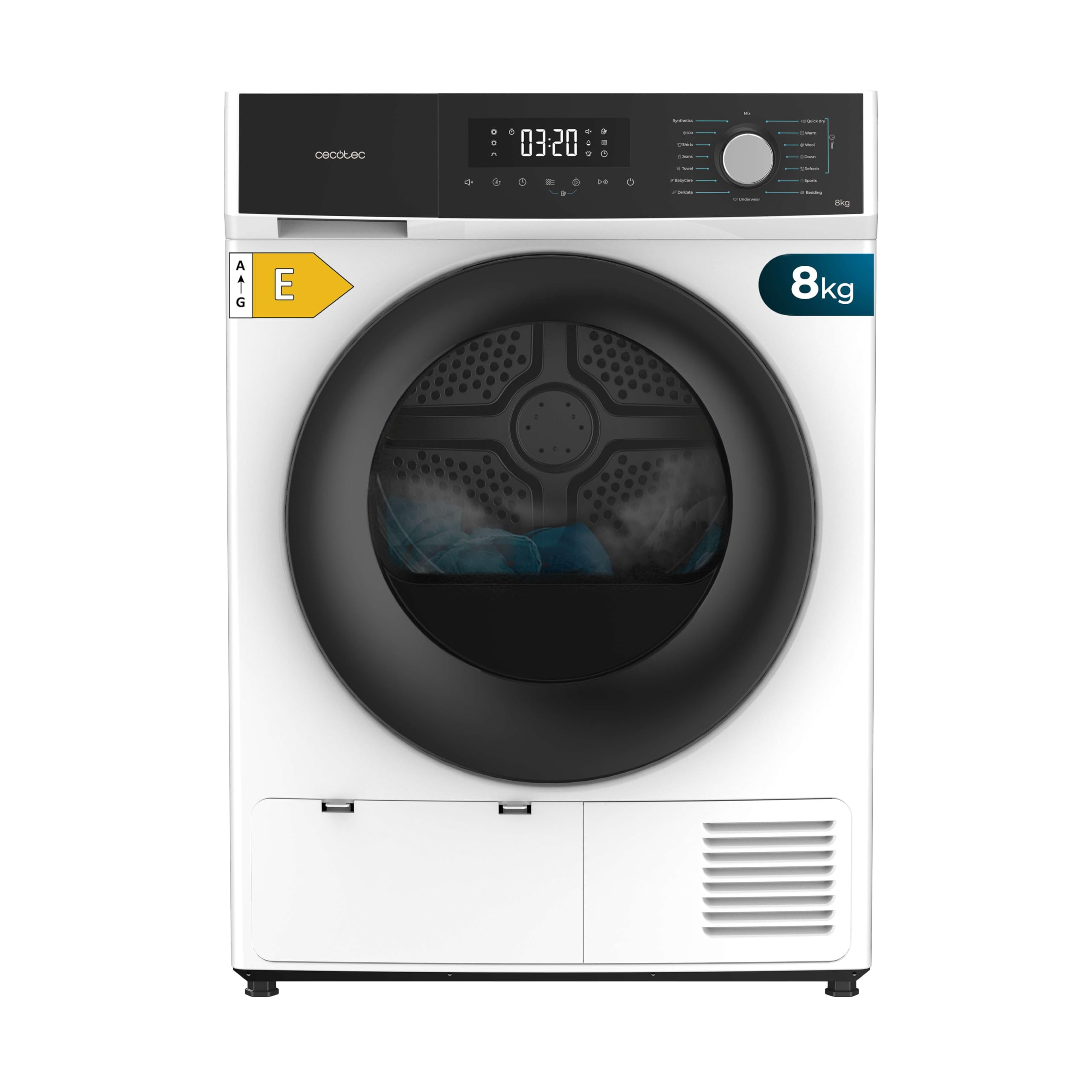 Cecotec Secadora de Ropa 8Kg Bomba de Calor Bolero Dresscode Dry 8330. Clase Equivalente A++, 15 Programas y Funciones como Secado Automático, Planchado Fácil, Stop&Go, Delay Start y KidLock, Blanco