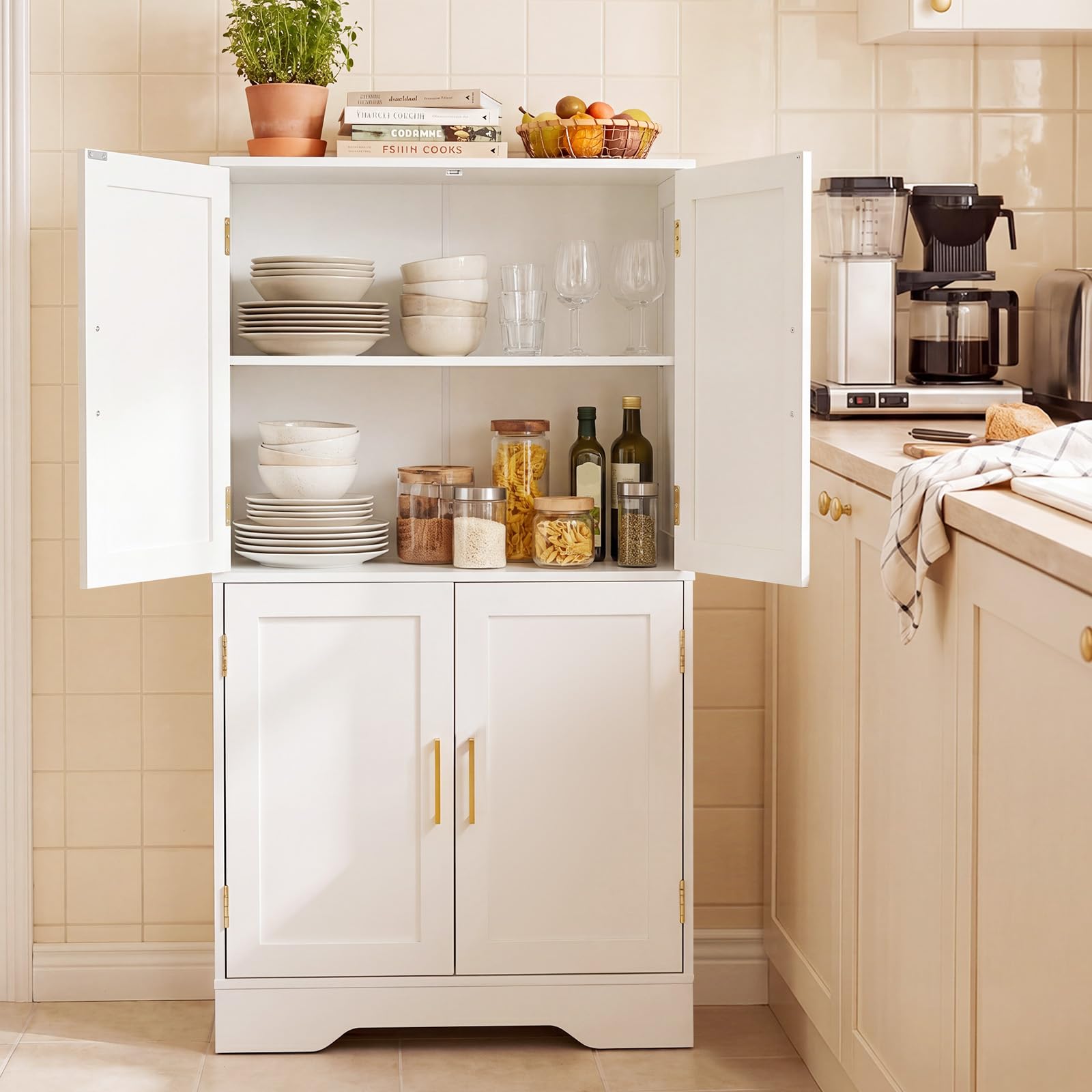 COSTWAY Küchenschrank aus Holz, Vorratsschrank Küche, Buffetschrank mit 4 Türen & 2 verstellbaren Regalen, Aufbewahrungsschrank freistehend für Wohnzimmer, Esszimmer, 60 x 30 x 110cm (Weiß)