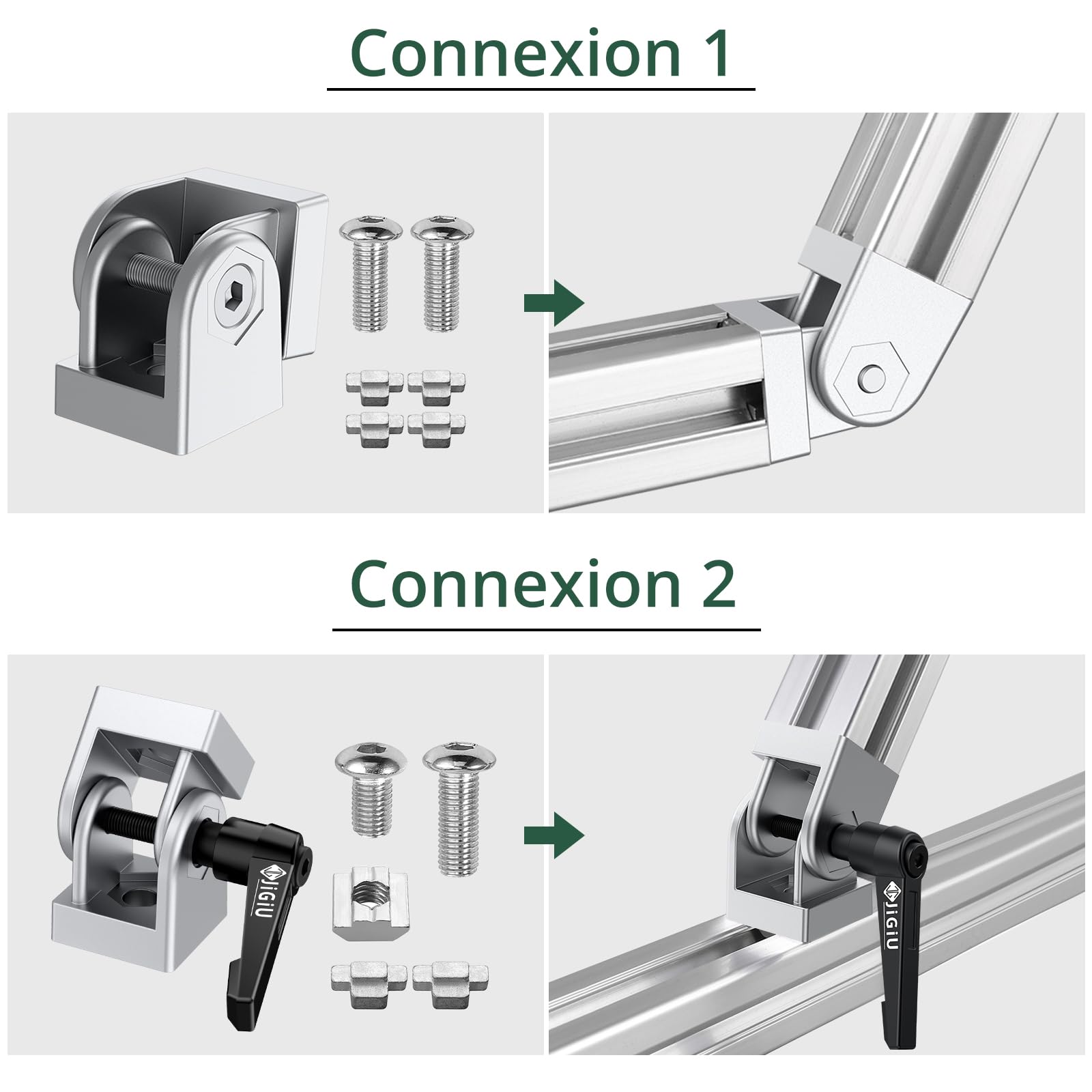 JiGiU 2PCS Connecteur Profilé Aluminium 3030 Argent | Charnière Profilé d'Aluminium 3030 Connecteur, Poignée de Serrage, Coudé Réglable Angle, pour Profil d'Aluminium