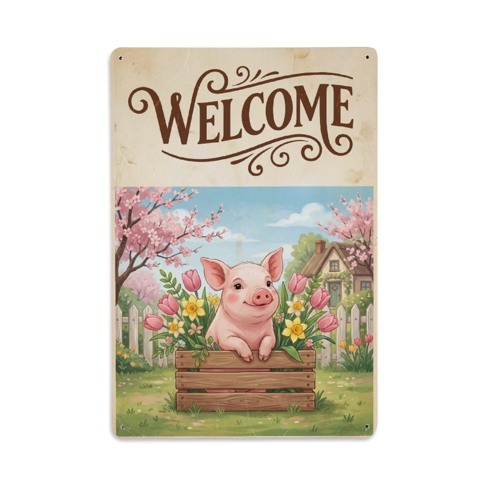 Cxhjca 8X12inch(20X30cm) Vintage Welcome Piglet Spring Garden Metal Tin Sign