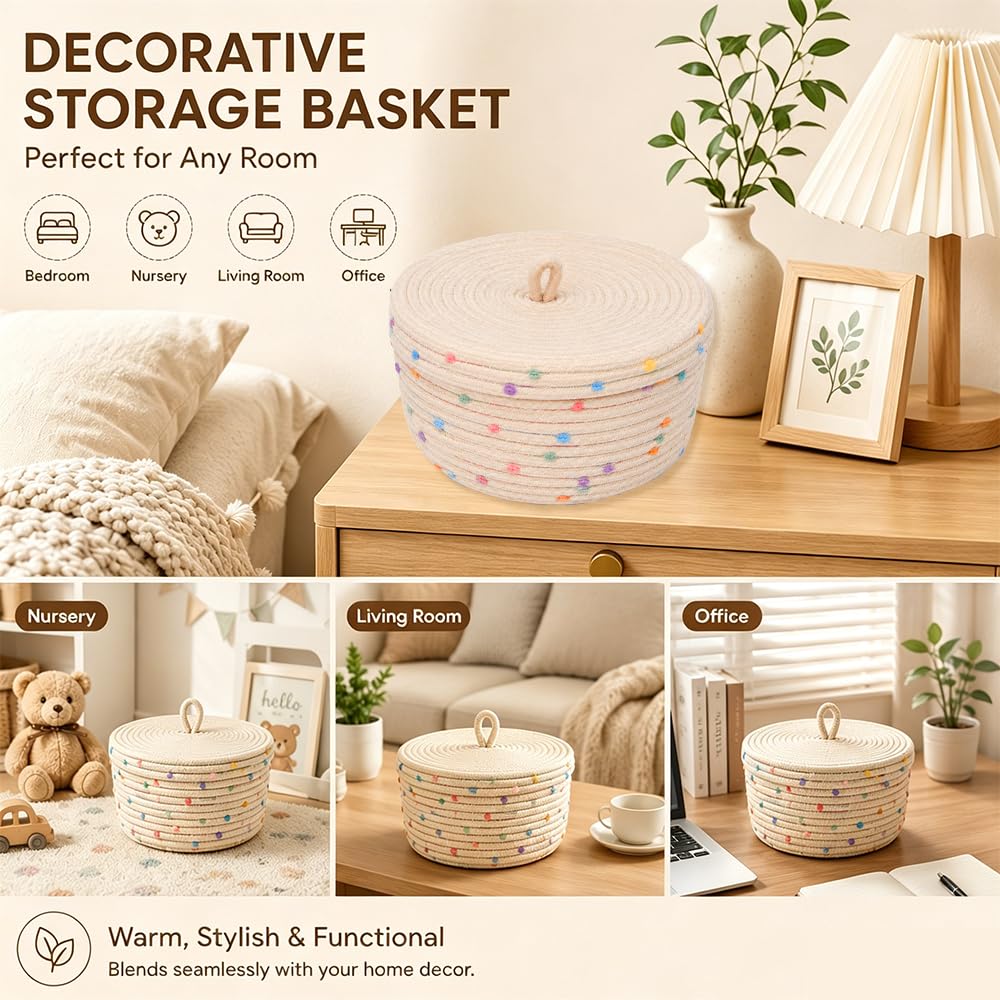 2 Pezzi Cestino in Corda di Cotone con Coperchio Cestino Portaoggetti Intrecciato con Coperchio Decorativi Intrecciati con Coperchio di Cotone Rotondo per Snack Asciugamani Cestello Giocattolo