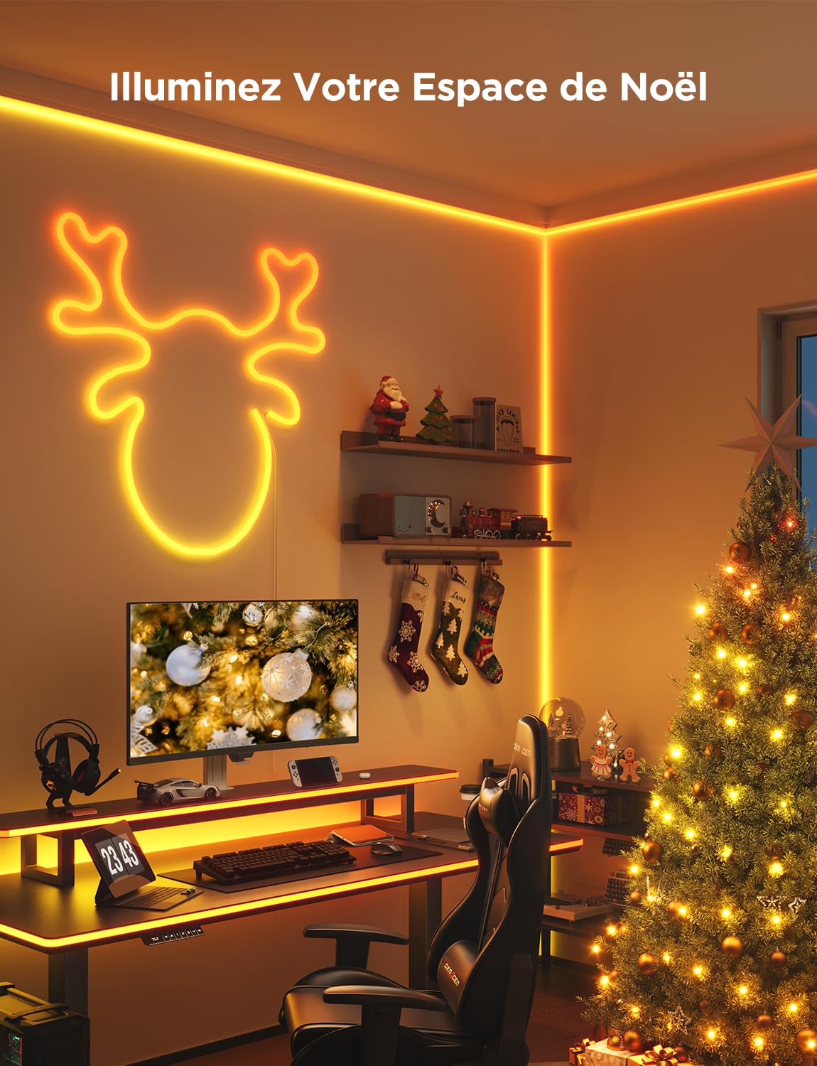 Govee Neon - Cinta LED de 3 m, RGBIC para juegos de escritorio | Lámpara Sincronizada con Razer Chroma, Control Inteligente APP, Compatible con Alexa, Adaptador (solo WiFi 2,4G)