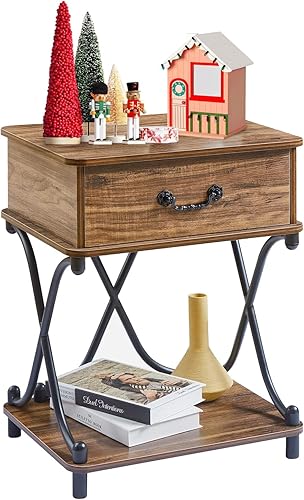 VECELO Mesitas de noche con cajón para dormitorio, mesa de noche con almacenamiento y estante abierto para sala de estar, marrón