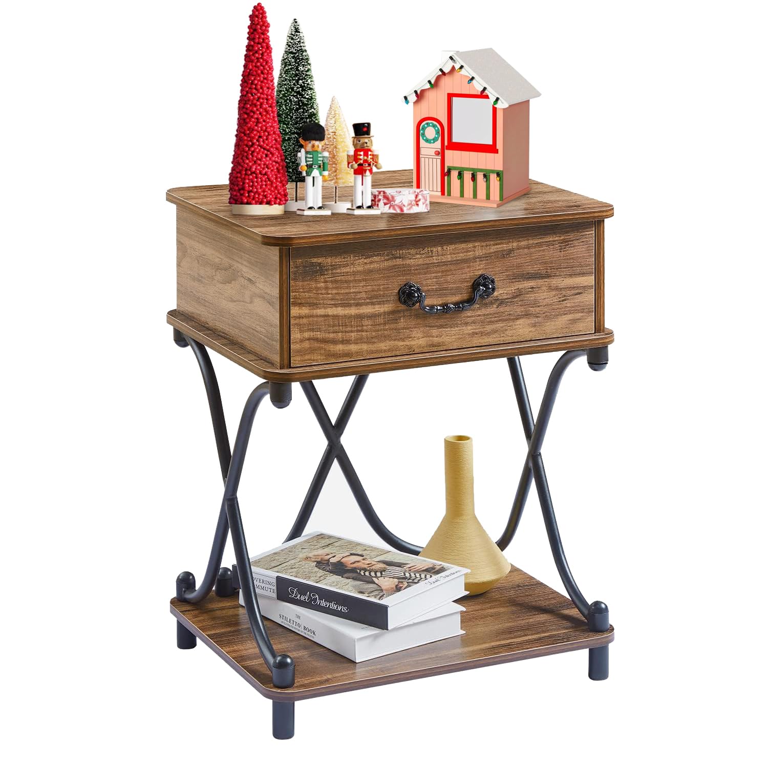 VECELO Nightstands with Drawer for Bedroom, Endtable Bedside Table with Storage & Open Shelf for Living Room, Brown