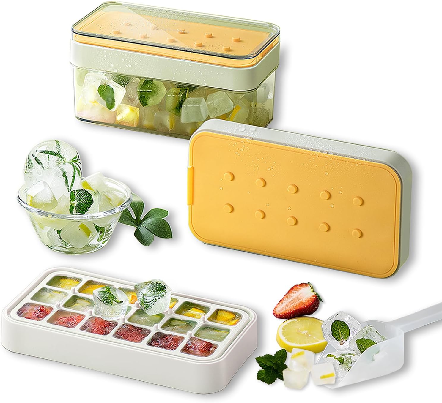 Ice Cube Tray With Lid and Bin,Ice Trays For Freezer,Ice Tray For Making Square Ice Cubes,Easy Release Molds With Ice Scoop,Iced Coffee and Juice Square 18 Pcs Yellow