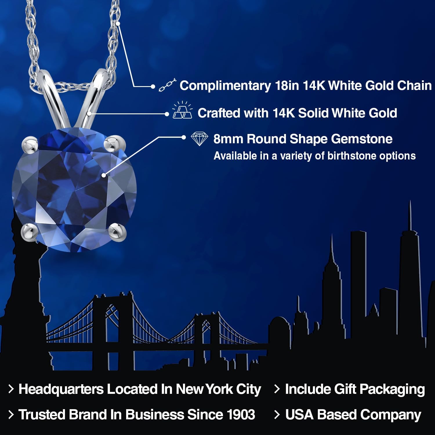Gem Stone King 14K White Gold Blue Created Sapphire Pendant Necklace for Women | 2.50 Cttw | Gemstone September Birthstone | Round 8MM | With 18 Inch Chain - Image 2