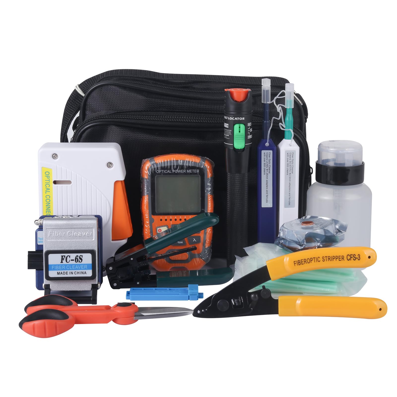 Fiber Termination Kit & Fiber Cleaning Kit - Fiber Optic Kit with Visual Fault Locator Fiber Optic Light Cable Tester Power Meter, Fiber Optic Cleaner, Cleaver, Stripper - Multi Fiber Optic Tools Set