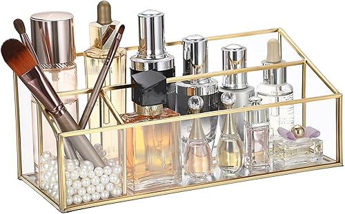 Miniatura 8 de Hipiwe Organizador de maquillaje para encimera, vitrina de cosméticos de vidrio dorado, soporte de almacenamiento de tocador de 3 ranuras,