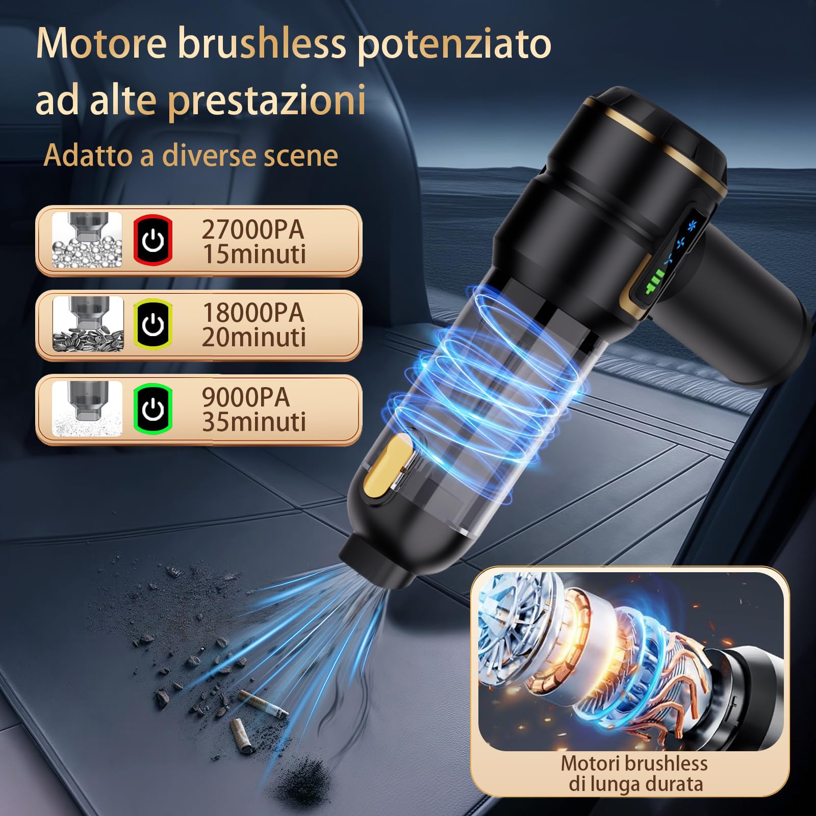 Aspirapolvere senza fili per auto, potente mini aspirapolvere da 27000PA, aspirapolvere portatile ricaricabile, ideale per pulire gli spazi ristretti di veicoli, case e uffici