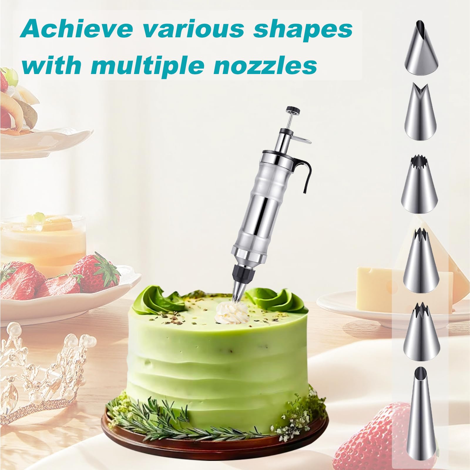 Seringue de décoration de gâteau, seringue à beignets en acier inoxydable, seringue à glaçage, seringue à pâtisserie, kit d'outils de cuisson DIY avec 6 buses, accessoires de gâteau pour