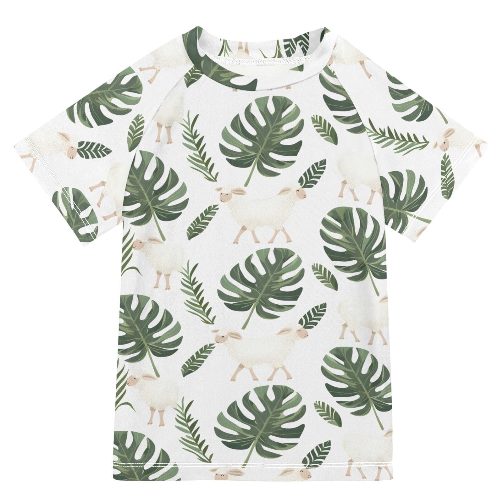 ALAZA Boys Rash Guard Swimming Shirt for Boys Short Sleeve Lamb Monstera UPF 50+ 5-6T