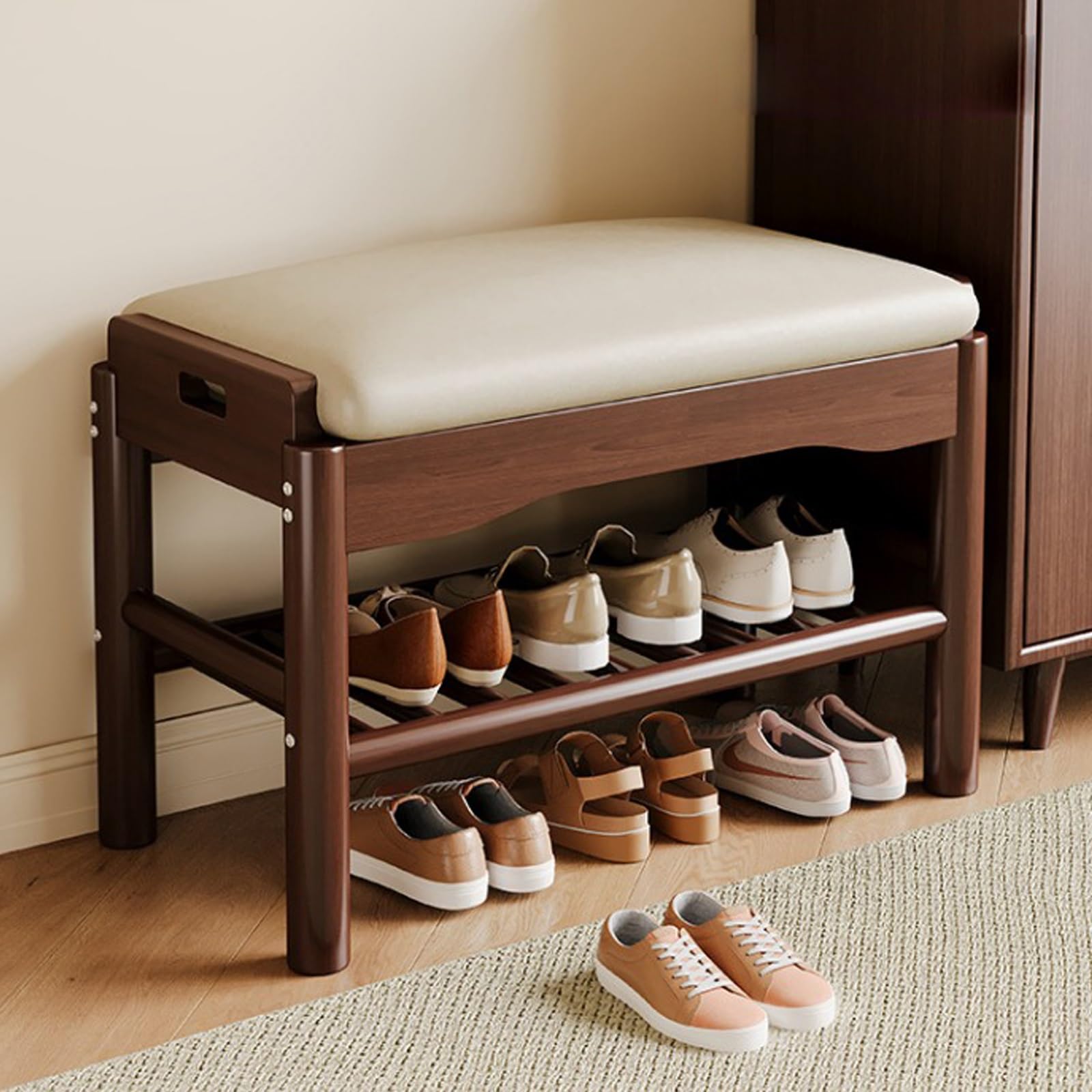 MSHGSKU Solid Wood Entryway Bench with Shoe Rack 2Tier Storage Organizer Soft Cushion SpaceSaving Design for Living Room Hallway Dark Brown 60cm/23.6in