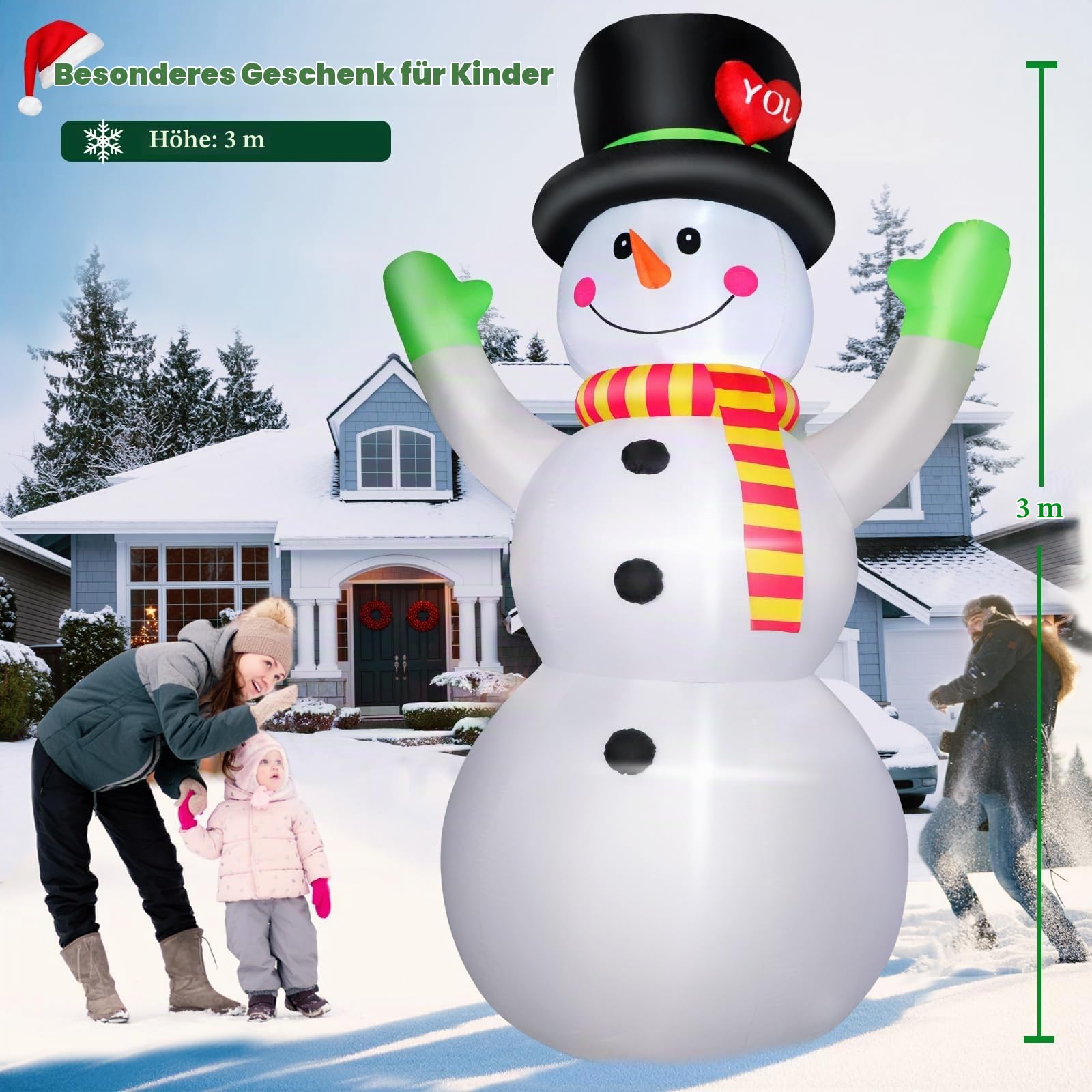 Aufblasbarer Schneemann 3 m mit LED Beleuchtung, riesige Aufblasbare Weihnachtsdeko Außen, Aufblasbarer Schneemann große Weihnachtsfigur, windstabil & wetterfest, Outdoor Deko für Garten Xmas Party