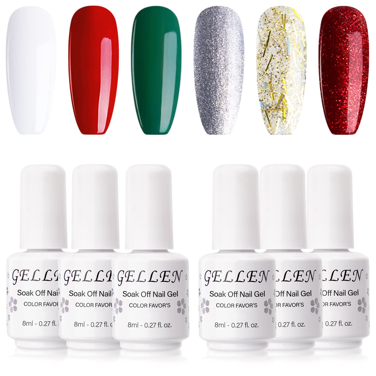 Amazon.com : Gellen Christmas Gel Nail Polish Kit - 6 Colors Red Green  White Gel Polish Set, Happy Holiday Glitters Nail Gel Polish Nail Art DIY  Home Gel Manicure Set : Beauty