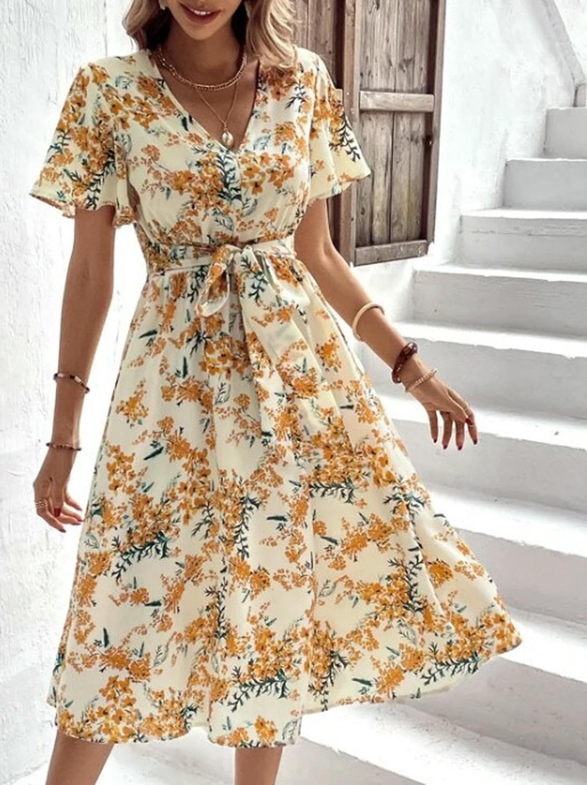Letnia sukienka damska, letnia sukienka z dekoltem w serek, krótki rękaw, z nadrukiem, sznurowana sukienka w stylu boho