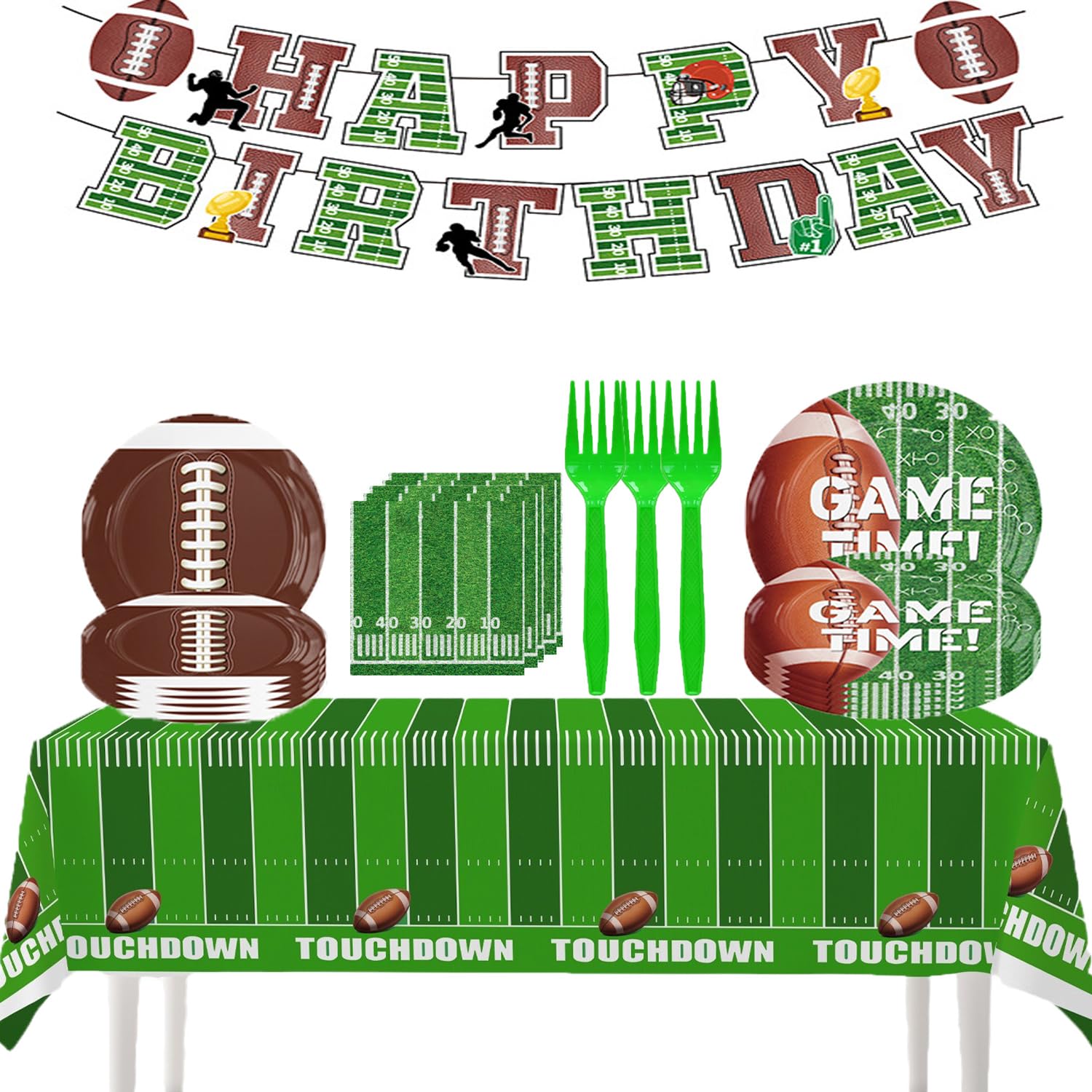 Football Party Supplies Tableware Set, Football Birthday Party Decorations Includes Plates Napkins Cups Banner Balloons Cake ToppersTablecloth for