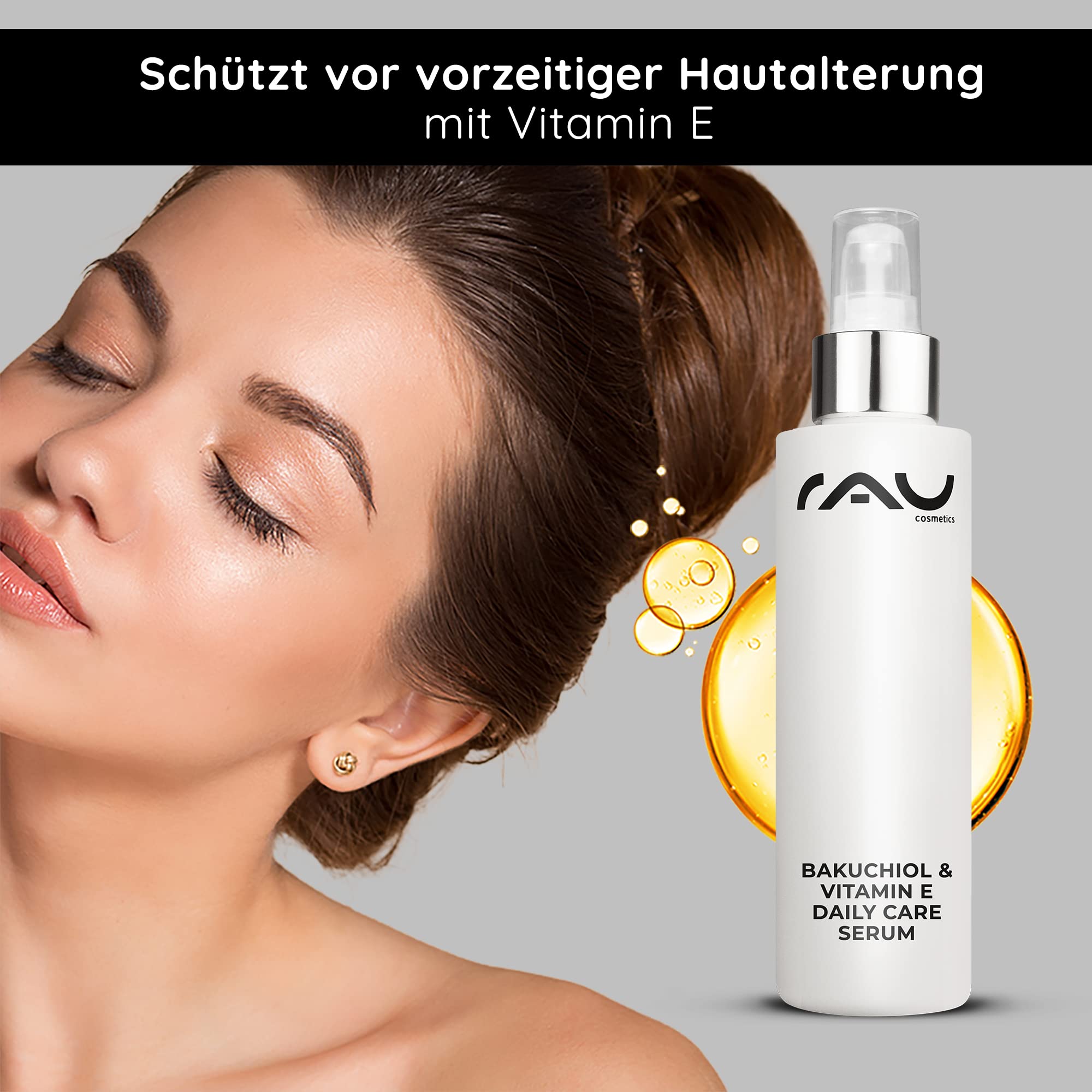 RAU Cosmetics Bakuchiol Vitamin E Serum 100ml - Anti-Aging Gesichtsserum mit pflanzlicher Retinol-Alternative - Feuchtigkeitsserum mit Squalan Bisabolol für alle Hauttypen - Made in Germany