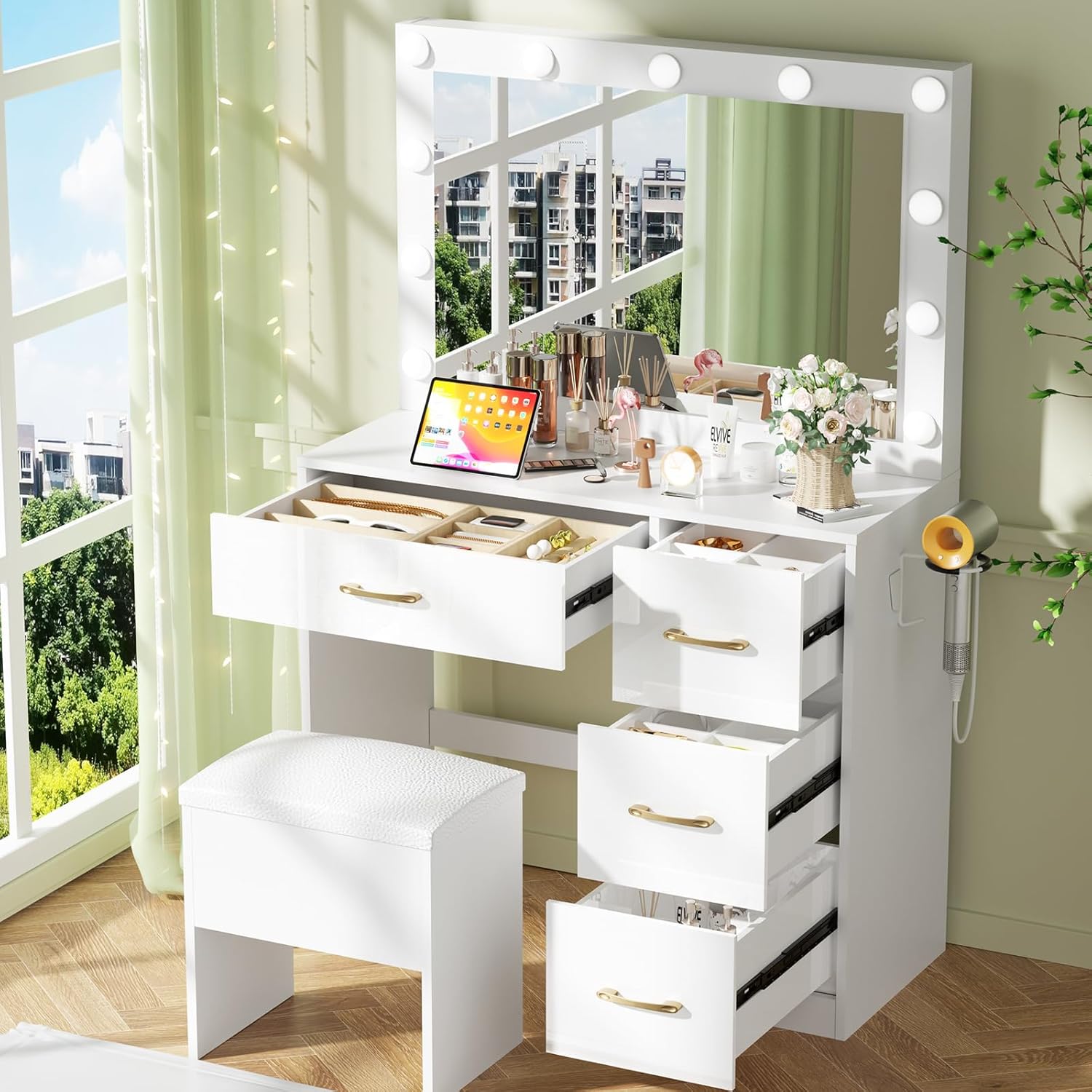 Makeup Vanity Desk with Mirror and Lights, Vanity Table with 4 Drawers,11 Lights 3 Color Modes & Adjustable Brightness,Vanity Mirror with Lights Desk and Storage Stool,Dressing Table for Bedroom White