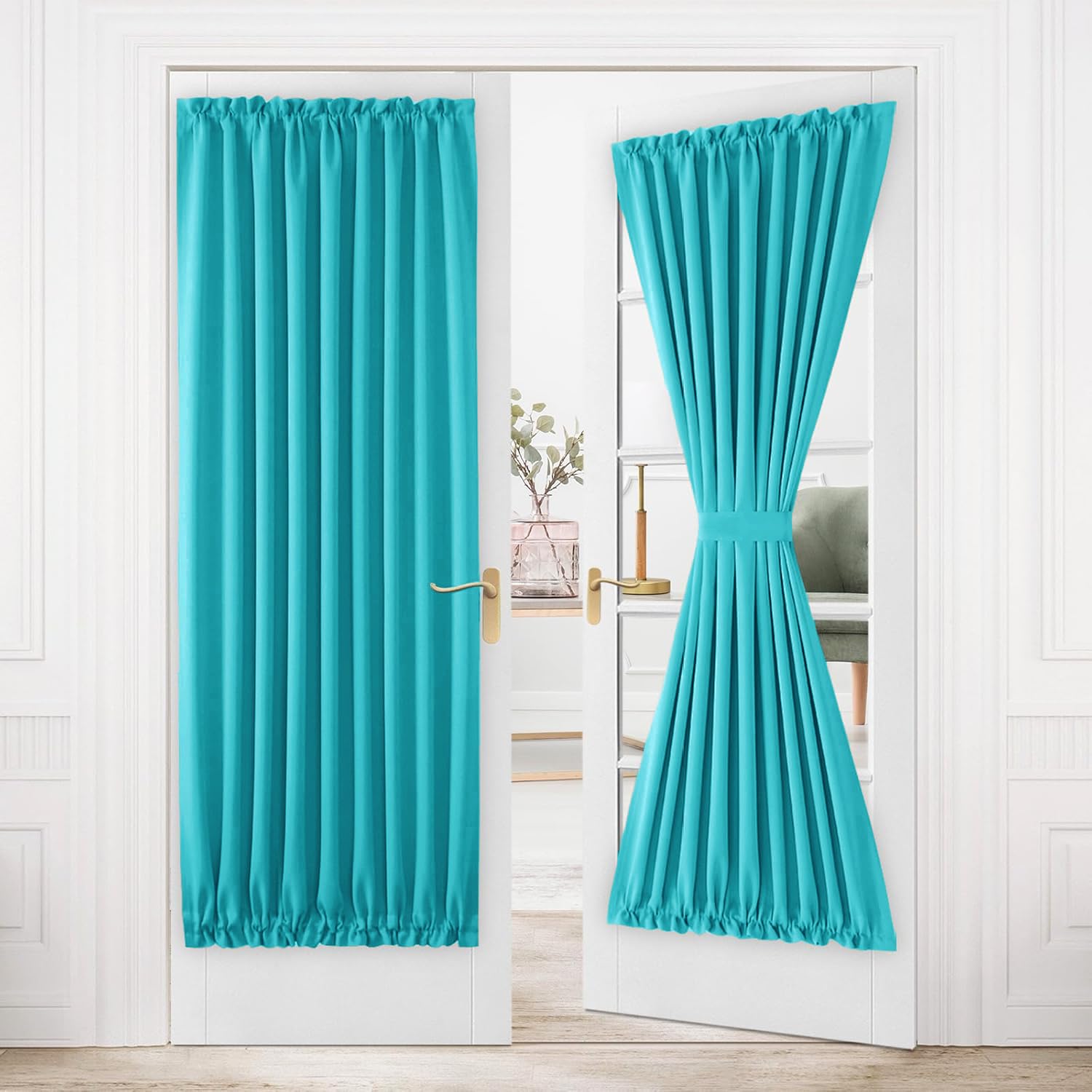 DWCN French Door Curtains – Rod Pocket Thermal Blackout Curtain for Doors with Glass Window, Kitchen and Patio Doors for Privacy, 54 X 80 Inches Long, 1 Curtain Panel with Tieback, Turquoise — image 1