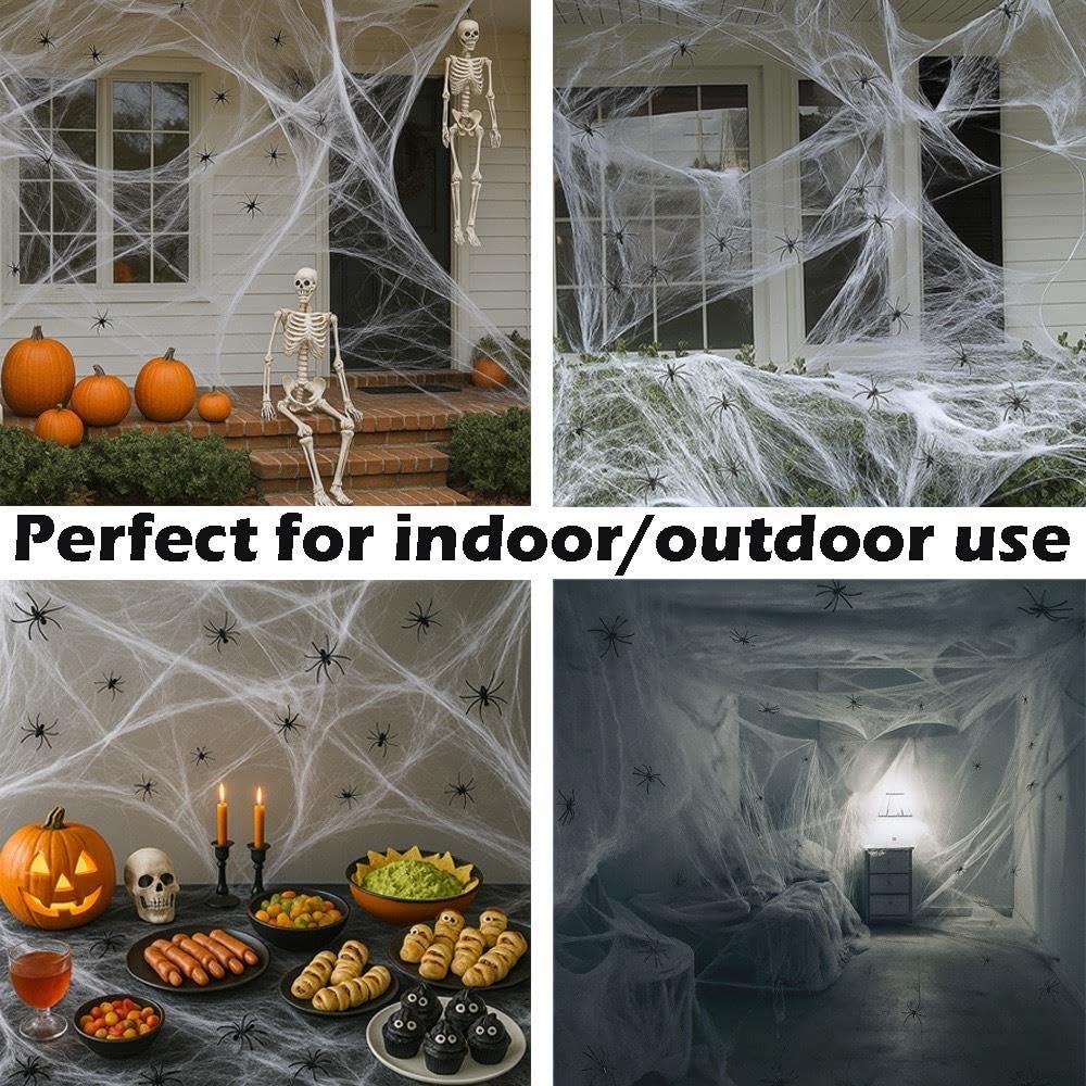 Dekoracja pajęczyny na Halloween, 8400 m², rozciągliwa pajęczyna z 600 realistycznymi pająkami, na zewnątrz i wewnątrz, straszny nawiedzony dom, sztuczna sieć do ogrodu, werandy, drzew, ścian, drzwi i