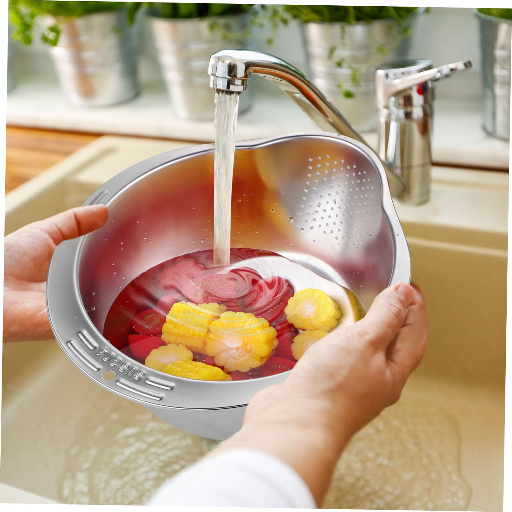 GLEAVI Lavadero de Arroz Acero Inoxidable Colador Multifuncion para Cocina Tazón Escurridor Alimentos Lavar Arroz Fruta Vegetales