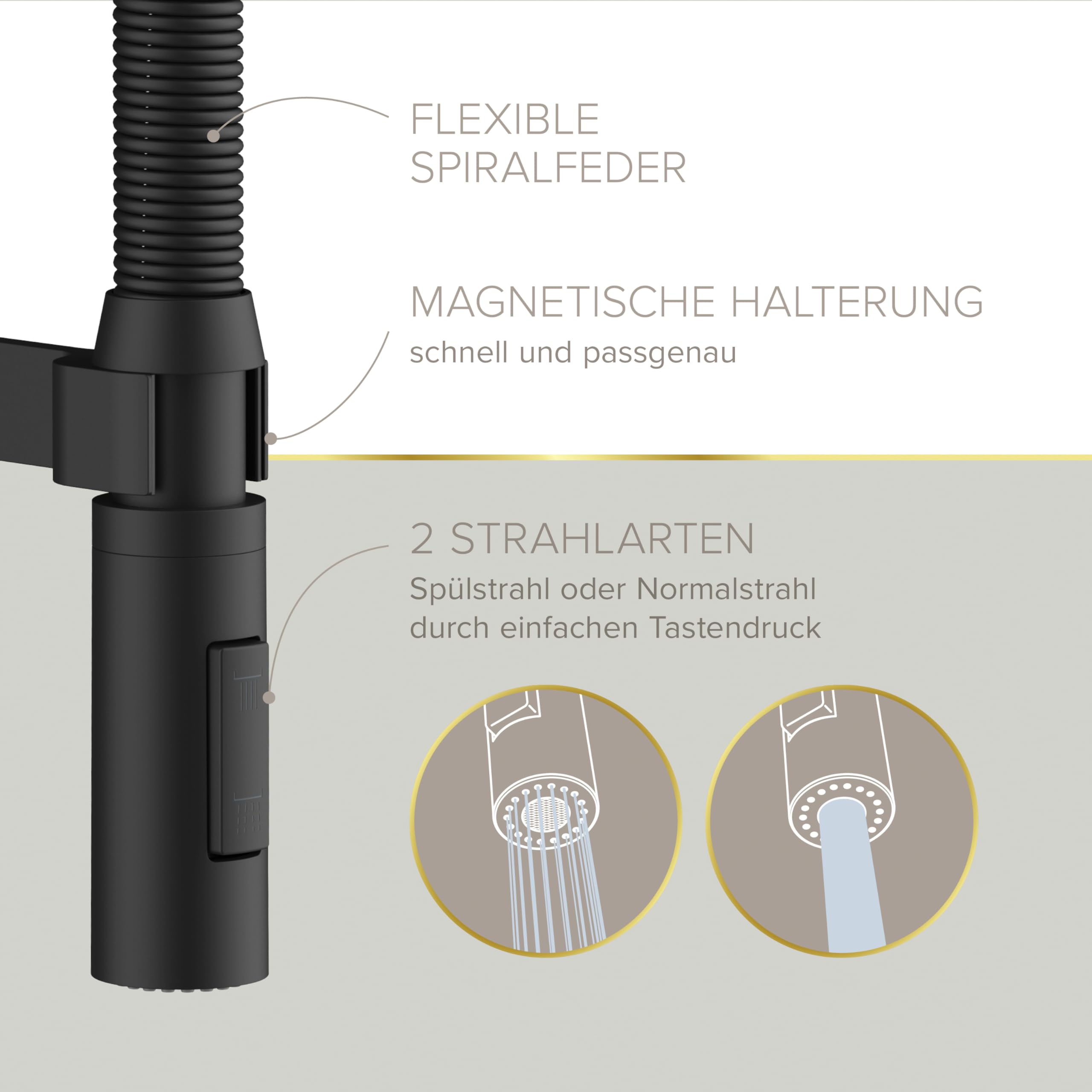 Lenz Küchenarmatur ALUNA in Schwarz-matt – Federbrause, 360° schwenkbar | Pendelbrause, 2 Strahlarten, Magnetische Halterung, Anti-Fingerabdruck Oberfläche, Schnellbefestigung, Höhe 47,5 cm, 46070551