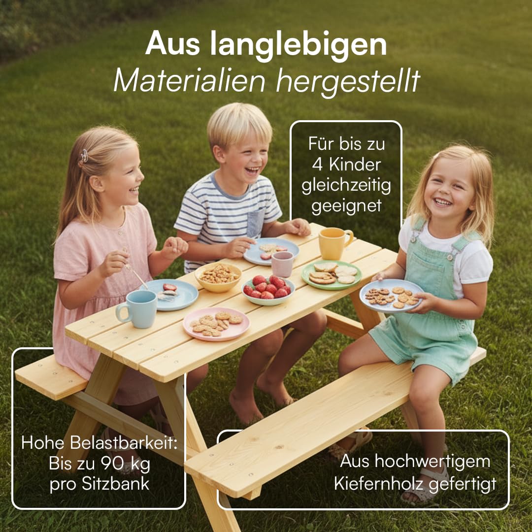 Bellabino Kindersitzgruppe für 4 Kinder – Kindertisch mit 2 Bänken – Picknicktisch aus Kiefer, unbehandelt – Gartenmöbel ab 2 Jahren