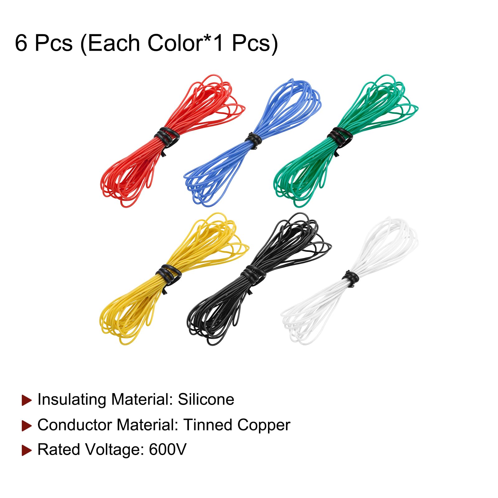 sourcing map 30AWG kabel elektryczny 3 m, drut pleciony, silikonowy, ocynkowany drut miedziany, każdy 0,05 mm², solidny przewód elektronika do modeli RC, lamp gospodarstwa domowego, 6 kolorów