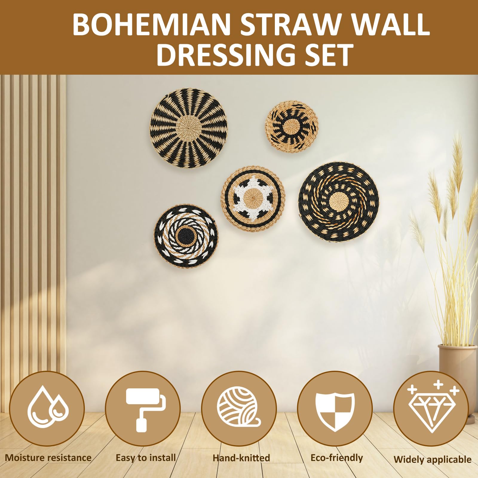 Art Mural Main Déco Murale Bohème Gatphy 5pc - Paniers Rotin Main Osier Pour Chambre, Salon, Bureau Décoration Murale Naturelle