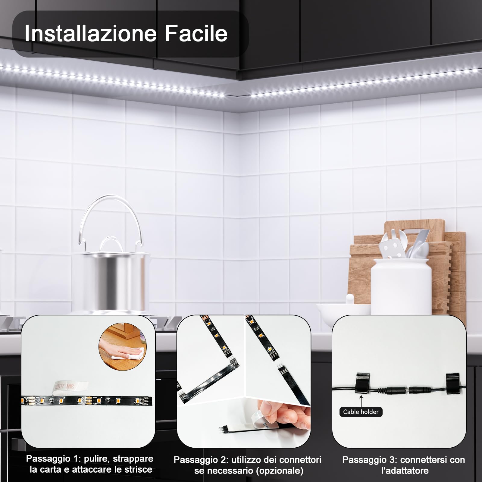 WOBANE Striscia Led Cucina Sottopensile 2 metri, 4X50cm Strisce Led Adesiva per Cucina con Interruttore e Spina, 1200LM Illuminazione Sotto Pensile per Vetrine,Scrivania,TV, Bianco Freddo 6000K, Nero