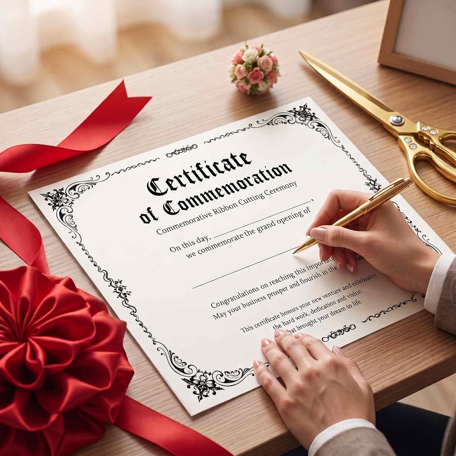 Grand Opening Ribbon Cutting Kit, 10.8 Inch Large Gold Scissors, Red Ribbon