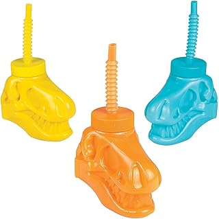Fun Express 8 pieces Dinosaur Shaped Cups with Straws, Holds 4 oz, BPA Free Plastic, Dino Dig Party Supplies, Multi-Color