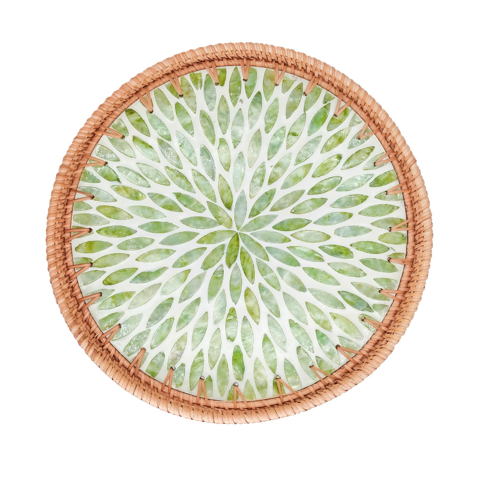 Baseballbat Green Round Rattan Tray With Mother Of Pearl Inlay, Decorative Wicker Serving Tray For Home Table Decor Party Centerpiece Rattan Serving Platter With Wooden Base For Coffee, Bread Breakfast Storage
