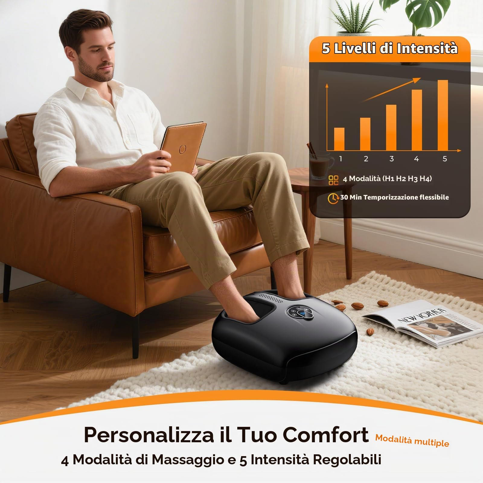 HTM Massaggiatore Piedi Elettrico Shiatsu con Calore, Impastamento, Rotolamento e Compressione, 4 Modalità e 5 Intensità, Regalo per Uomo e Donna