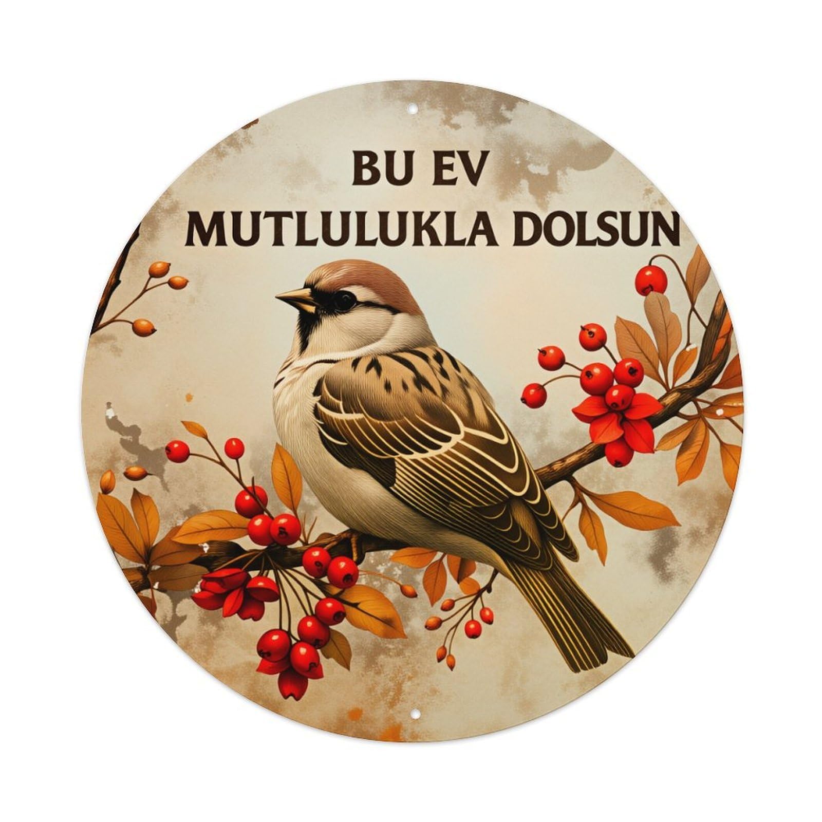 Bird On Branch With Berries And Leaves Metal Tin Sign Plaque