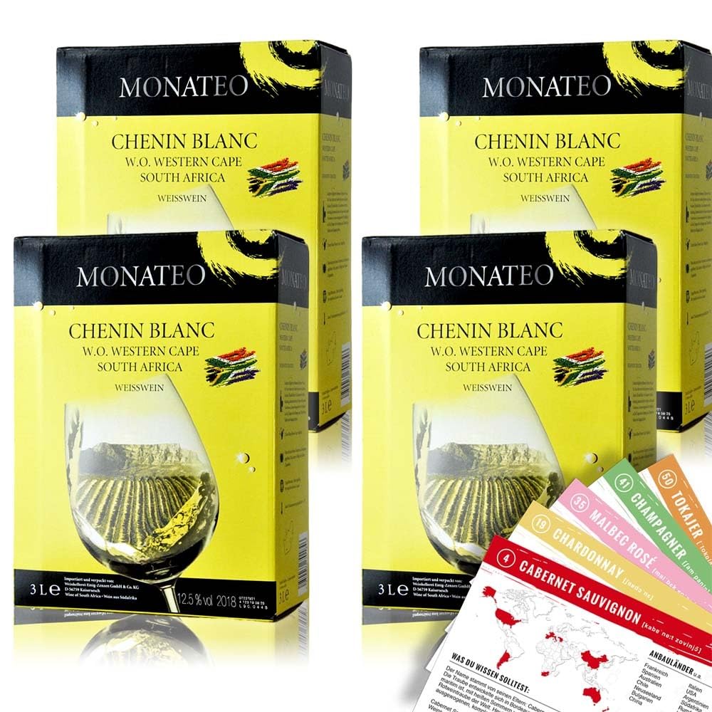 Monateo Chenin Blanc, trocken, Bag-in-Box, sortenreines Weinpaket + VINOX Winecards (4x3,0l)