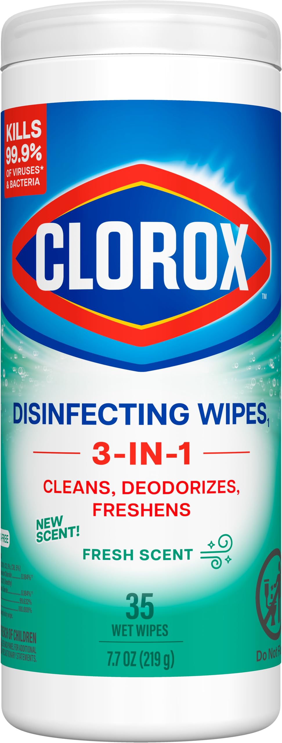 Disinfecting Wipes, 35 Wet Wipes, Fresh Scent, Cleans 3x Better, Kills 99.9% of Viruses and Bacteria