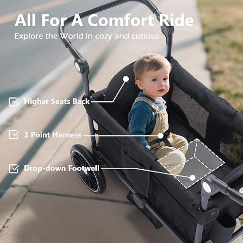 Miniatura 3 de Kinder King Cochecito plegable para 2 niños, cochecito de bebé todo terreno, toldo extraíble de 2 plazas, mango ajustable, rueda que absorbe los